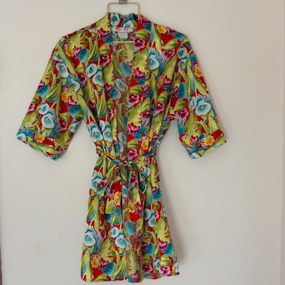 90’s Floral Satin Kimono Wrap in Lime Green